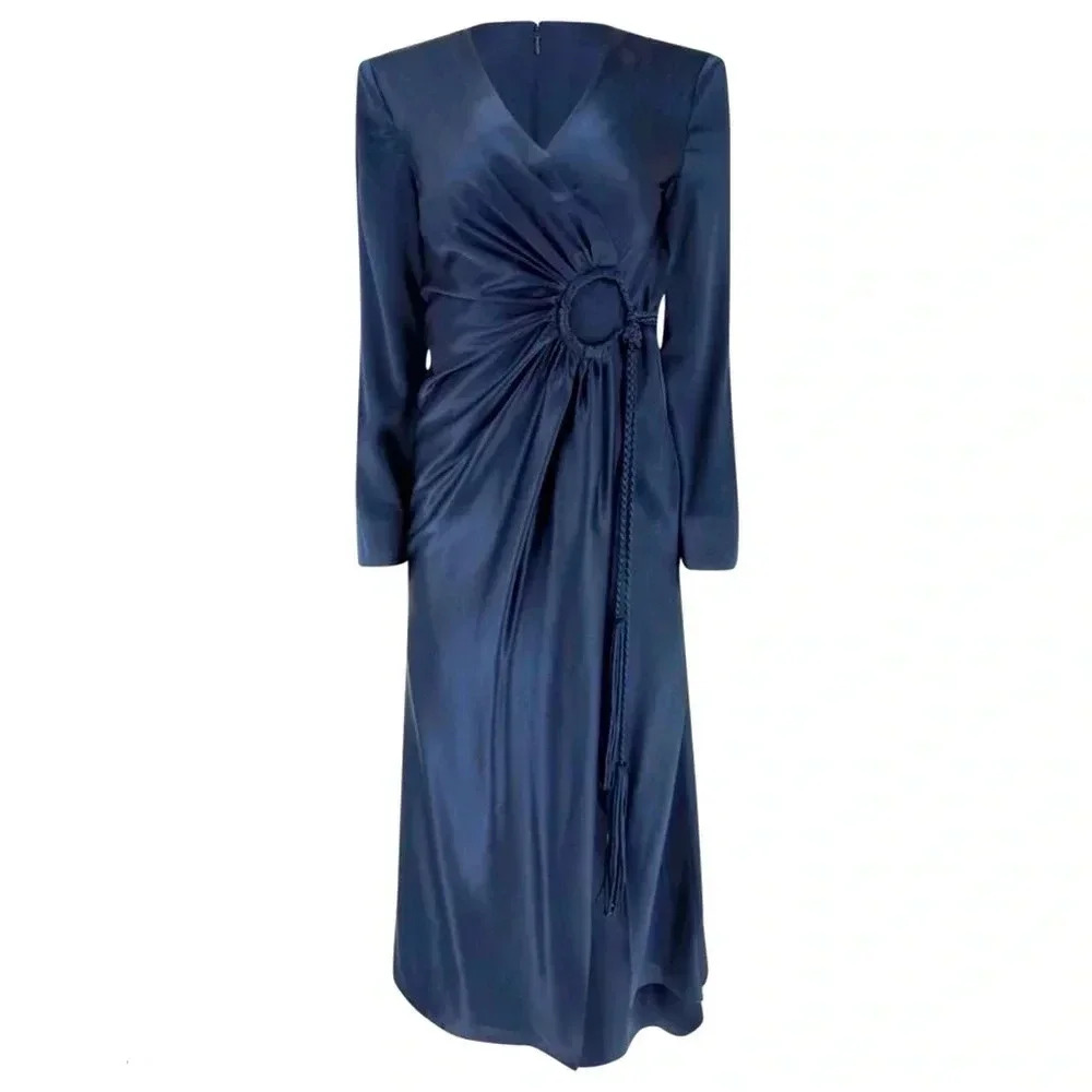 NWT-CINQ A SEPT SERENA SILK NAVY WRAP STYLE MIDI DRESS-Size 0